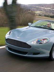 Preview wallpaper aston martin, db9, 2004, blue, front view, cars, speed, trees, nature