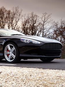 Preview wallpaper aston martin, db9, 2006, black, side view, style, cars, sports, trees, sky