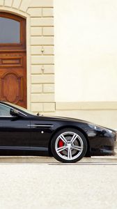 Preview wallpaper aston martin, db9, 2006, black, side view, sports, style, cars, building