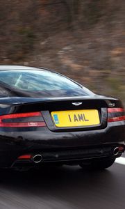 Preview wallpaper aston martin, db9, 2006, black, rear view, style, cars, speed, nature, trees