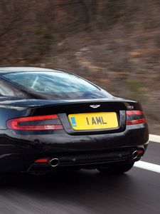 Preview wallpaper aston martin, db9, 2006, black, rear view, style, cars, speed, nature, trees