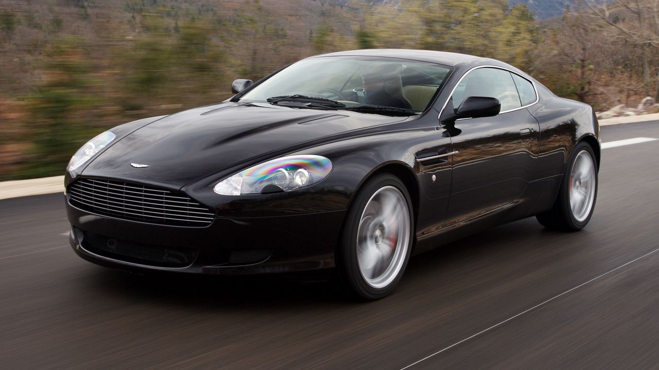 Wallpaper aston martin, db9, 2006, black, side view, style, sports, cars, speed, mountains, trees, nature, asphalt