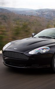 Preview wallpaper aston martin, db9, 2006, black, side view, style, sports, cars, speed, mountains, trees, nature, asphalt