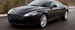 Preview wallpaper aston martin, db9, 2006, black, side view, style, sports, cars, speed, mountains, trees, nature, asphalt