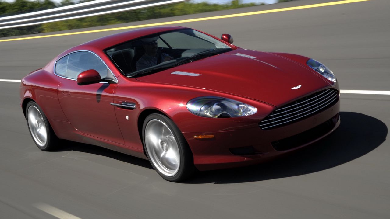 Wallpaper aston martin, db9, 2008, red, side view, style, cars, speed, trees, asphalt