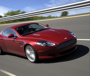 Preview wallpaper aston martin, db9, 2008, red, side view, style, cars, speed, trees, asphalt