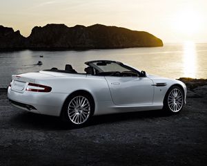 Preview wallpaper aston martin, db9, 2008, white, side view, style, cars, nature, sea, sunset, rocks