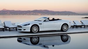 Preview wallpaper aston martin, db9, 2008, white, side view, style, cars, nature, mountains, sea, reflection