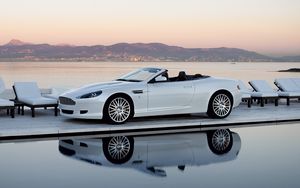 Preview wallpaper aston martin, db9, 2008, white, side view, style, cars, nature, mountains, sea, reflection