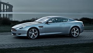 Preview wallpaper aston martin, db9, 2008, metallic gray, side view, style, cars, nature, sea, grass