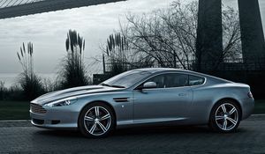 Preview wallpaper aston martin, db9, 2008, gray, side view, style, cars, nature, tree