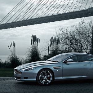 Preview wallpaper aston martin, db9, 2008, gray, side view, style, cars, nature, tree