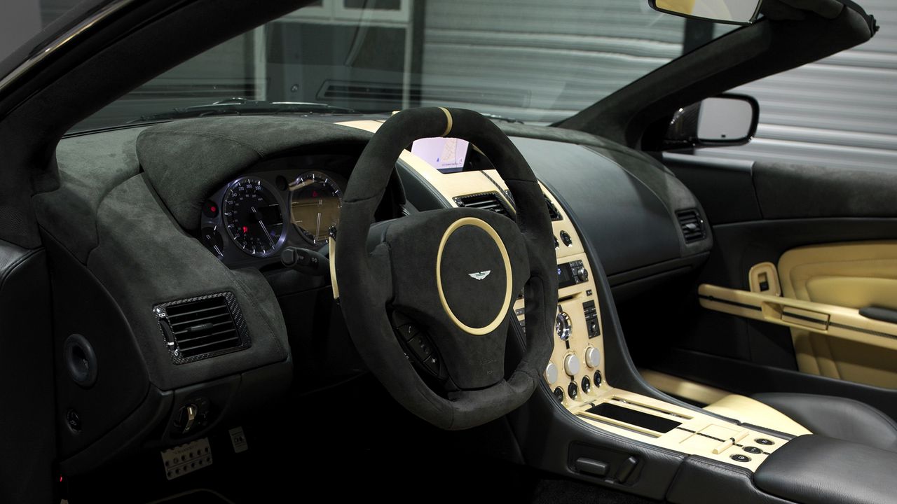 Wallpaper aston martin, db9, 2009, black, salon, interior, steering wheel, speedometer