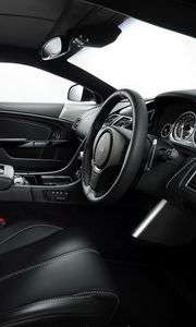 Preview wallpaper aston martin, db9, 2010, black, salon, interior, steering wheel, speedometer