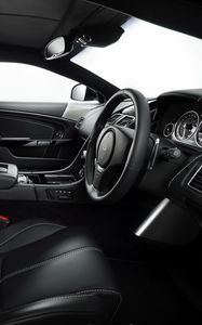 Preview wallpaper aston martin, db9, 2010, black, salon, interior, steering wheel, speedometer