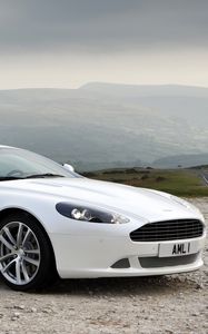 Preview wallpaper aston martin, db9, 2010, white, side view, style, cars, sports, nature, mountains