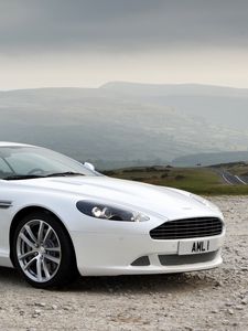 Preview wallpaper aston martin, db9, 2010, white, side view, style, cars, sports, nature, mountains