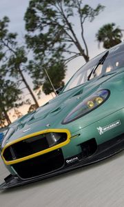 Preview wallpaper aston martin, dbr9, 2005, green, front view, style, cars, sports, nature, trees, asphalt