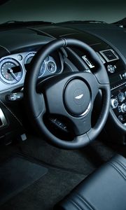 Preview wallpaper aston martin, dbs, 2008, black, salon, interior, steering wheel, speedometer