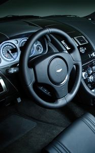 Preview wallpaper aston martin, dbs, 2008, black, salon, interior, steering wheel, speedometer