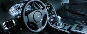 Preview wallpaper aston martin, dbs, 2008, black, salon, interior, steering wheel, speedometer