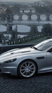 Preview wallpaper aston martin, dbs, 2008, gray metallic, side view, city, bridge, nature