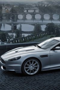 Preview wallpaper aston martin, dbs, 2008, gray metallic, side view, city, bridge, nature