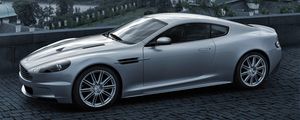 Preview wallpaper aston martin, dbs, 2008, gray metallic, side view, city, bridge, nature