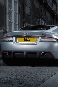 Preview wallpaper aston martin, dbs, 2008, gray metallic, rear view, style, cars, street, building