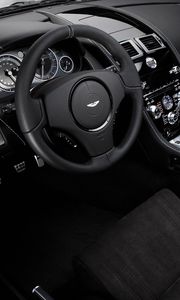 Preview wallpaper aston martin, dbs, 2008, black, salon, interior, steering wheel, speedometer