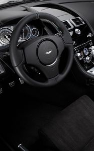 Preview wallpaper aston martin, dbs, 2008, black, salon, interior, steering wheel, speedometer