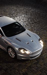 Preview wallpaper aston martin, dbs, 2008, metallic silver, top view, style, cars, rain