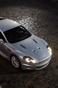 Preview wallpaper aston martin, dbs, 2008, metallic silver, top view, style, cars, rain