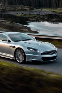 Preview wallpaper aston martin, dbs, 2008, silver metallic, side view, auto, nature, speed