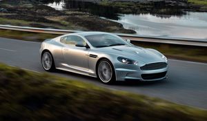 Preview wallpaper aston martin, dbs, 2008, silver metallic, side view, auto, nature, speed