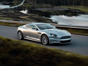 Preview wallpaper aston martin, dbs, 2008, silver metallic, side view, auto, nature, speed