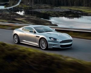 Preview wallpaper aston martin, dbs, 2008, silver metallic, side view, auto, nature, speed