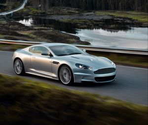 Preview wallpaper aston martin, dbs, 2008, silver metallic, side view, auto, nature, speed