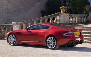 Preview wallpaper aston martin, dbs, 2008, red, side view, style, home, shrubs