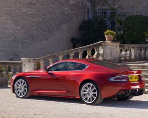 Preview wallpaper aston martin, dbs, 2008, red, side view, style, home, shrubs