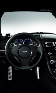 Preview wallpaper aston martin, dbs, 2008, black, salon, interior, steering wheel, speedometer