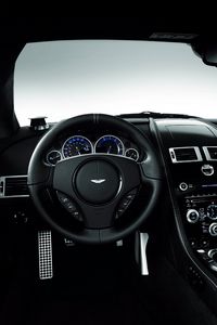 Preview wallpaper aston martin, dbs, 2008, black, salon, interior, steering wheel, speedometer