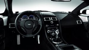 Preview wallpaper aston martin, dbs, 2008, black, salon, interior, steering wheel, speedometer