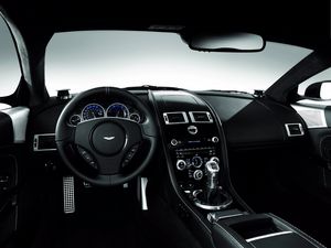 Preview wallpaper aston martin, dbs, 2008, black, salon, interior, steering wheel, speedometer