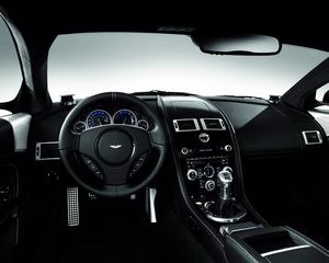 Preview wallpaper aston martin, dbs, 2008, black, salon, interior, steering wheel, speedometer