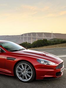 Preview wallpaper aston martin, dbs, 2008, red, side view, sport, mountain