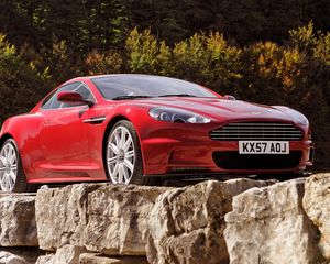 Preview wallpaper aston martin, dbs, 2008, red, front view, cars, trees