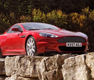 Preview wallpaper aston martin, dbs, 2008, red, front view, cars, trees
