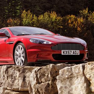 Preview wallpaper aston martin, dbs, 2008, red, front view, cars, trees