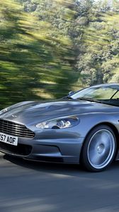 Preview wallpaper aston martin, dbs, 2008, gray, side view, sports, cars, trees